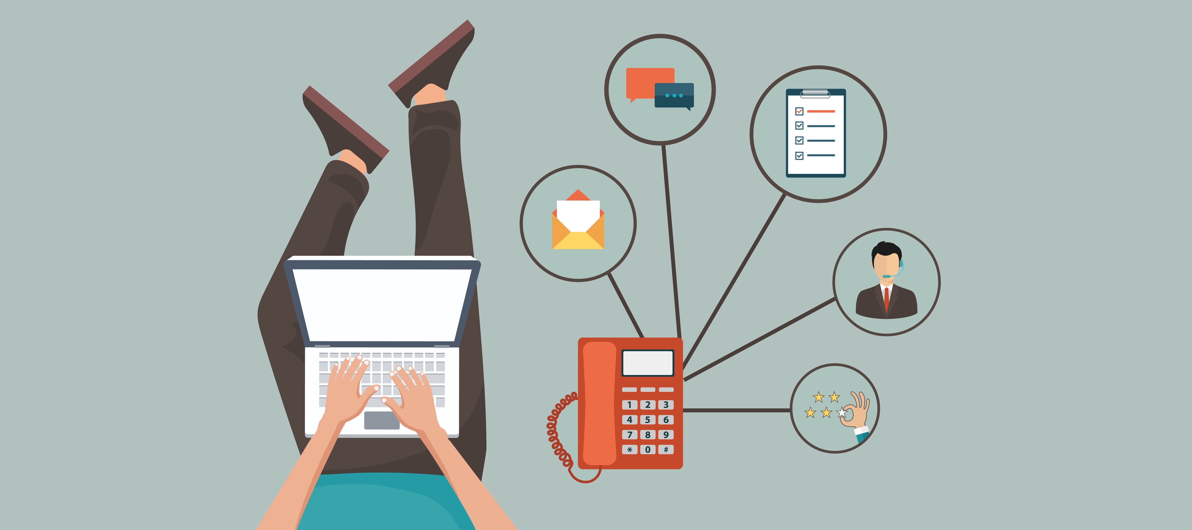 Illustration of a person working on a laptop surrounded by contact options