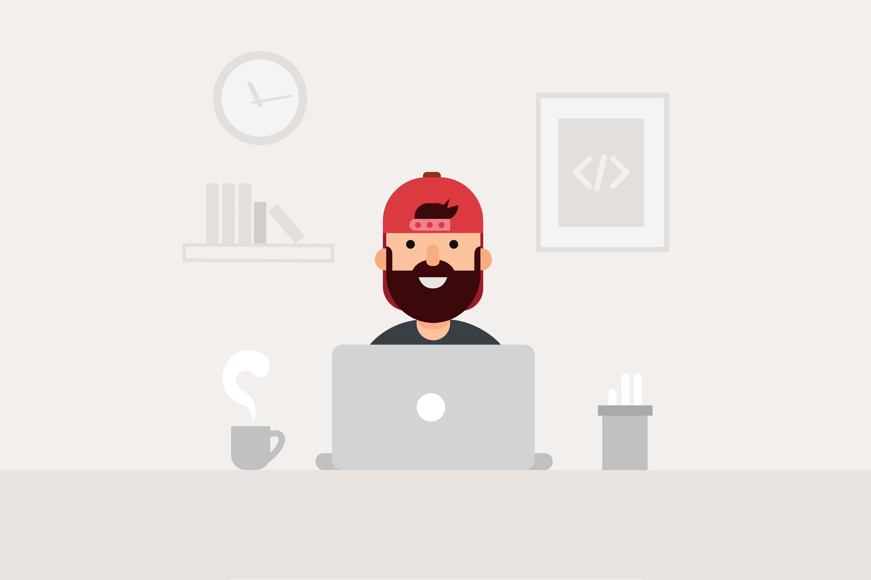 Illustration of a bearded developer working at his laptop